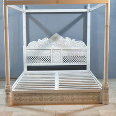 Maharaja Hand Carved Mango Wood Bed rustic Whitewash