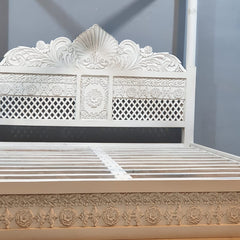 Maharaja Hand Carved Mango Wood Bed rustic Whitewash