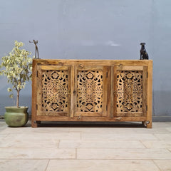 Hand Carved Solid Wood Sideboard Natural 140X40X80 cm