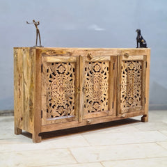 Hand Carved Solid Wood Sideboard Natural 140X40X80 cm