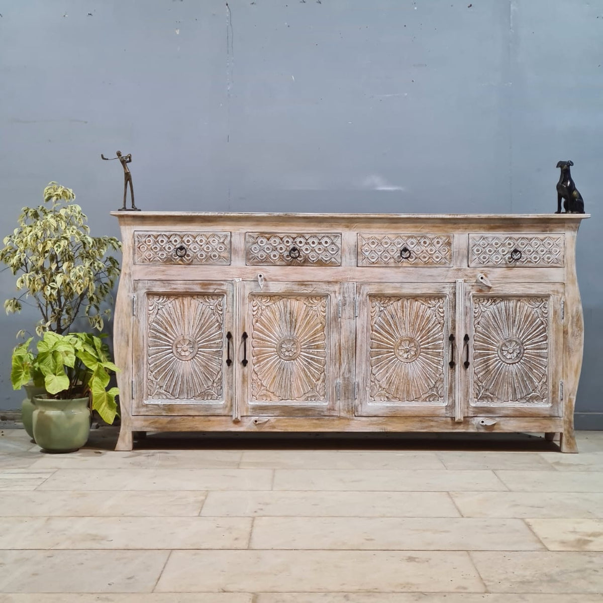 Hand Carved Solid Wood Sideboard White 180X40X90 cm