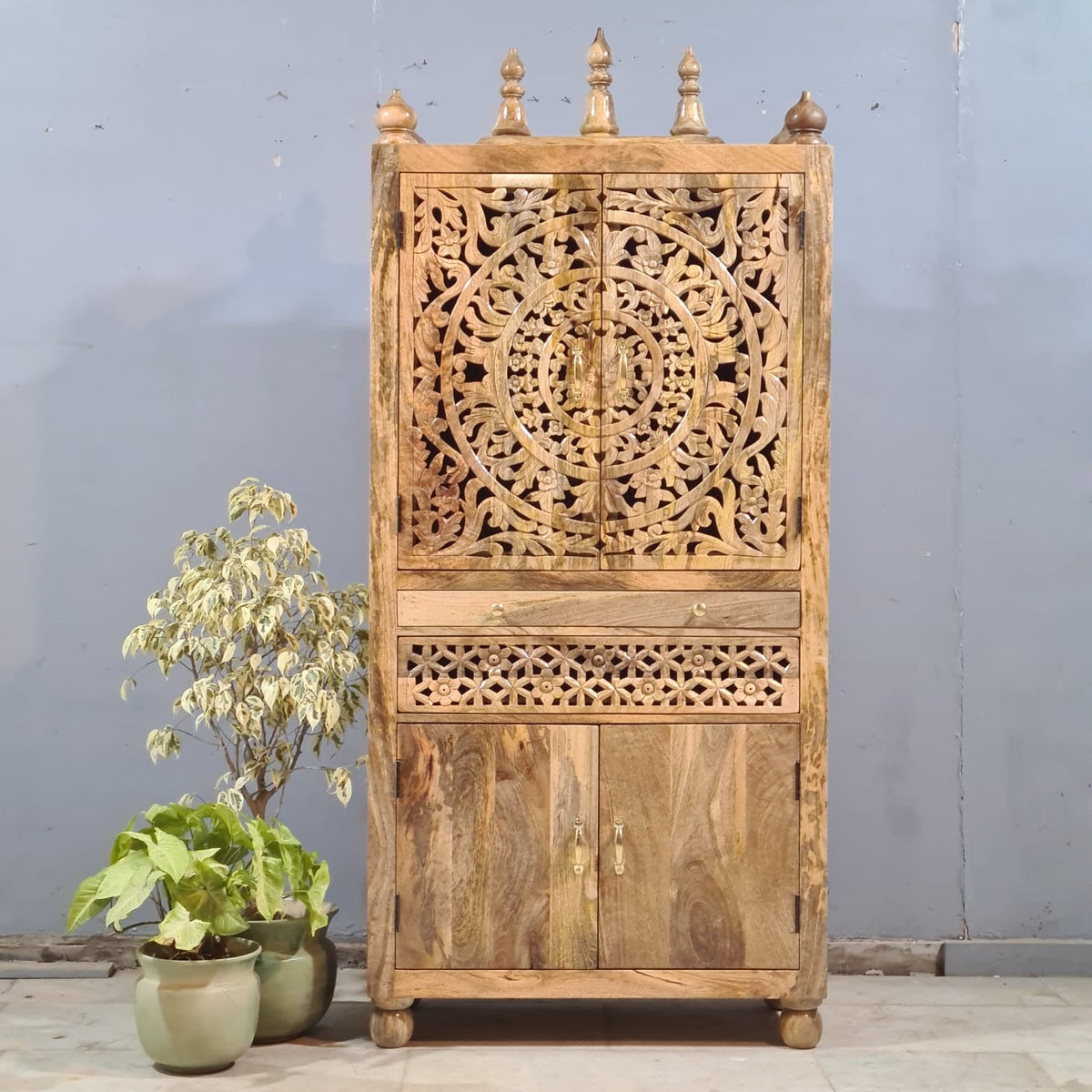 Indian Hand Carved Solid Wood Home Temple Natural 85x40x180 cm