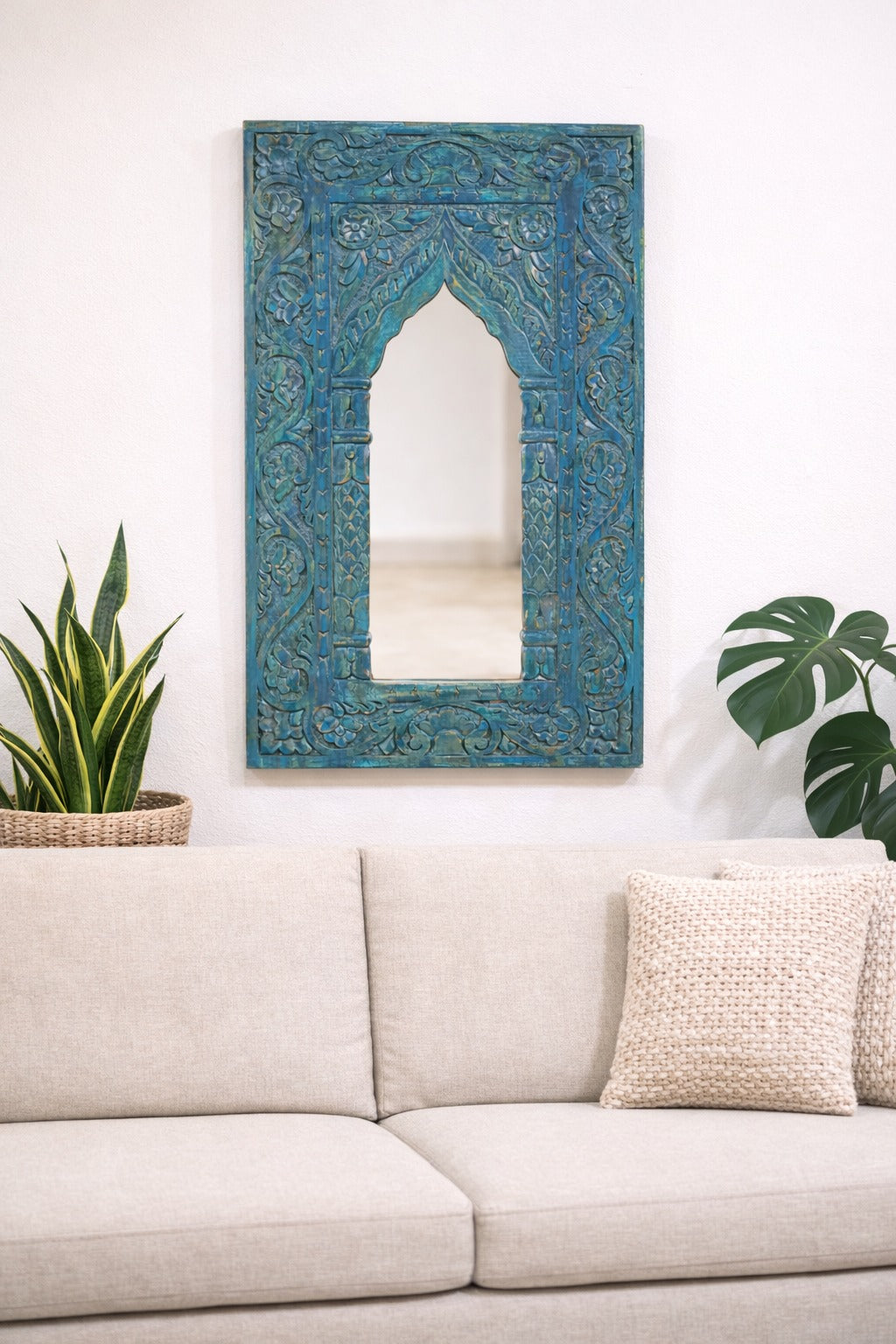 Mehrab Hand Carved Solid Wooden Mirror Frame Blue 57x90 cm