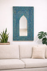 Mehrab Hand Carved Solid Wooden Mirror Frame Blue 57x90 cm