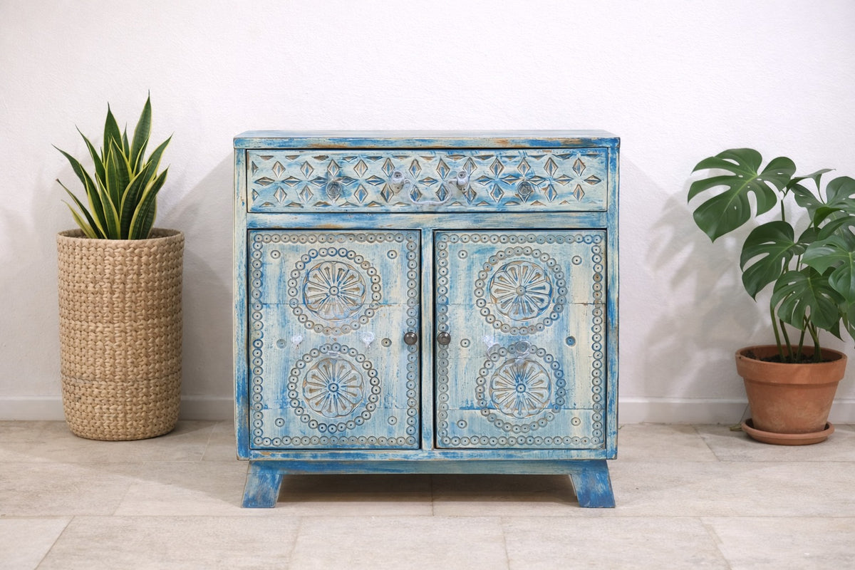 Indian Furniture Hand Carved Solid Wood Small Cabinet 60x40x65 Cm