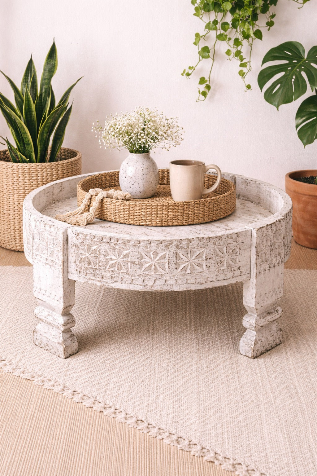Hand Carved Solid Wood Chakki Grinder Coffee Table White 60x6x30 cm