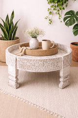 Hand Carved Solid Wood Chakki Grinder Coffee Table White 60x6x30 cm