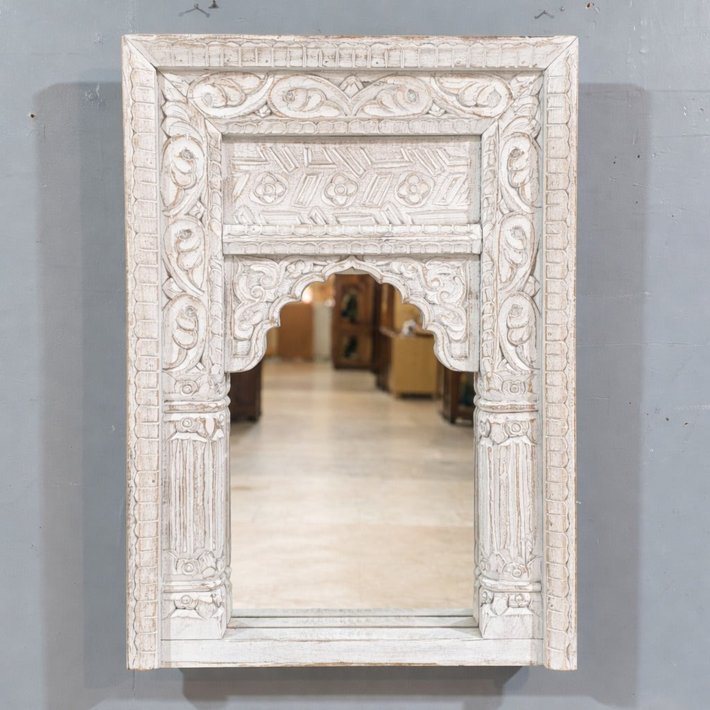 Mehrab Hand Carved Solid Wooden Mirror Frame White 50x7x70 cm