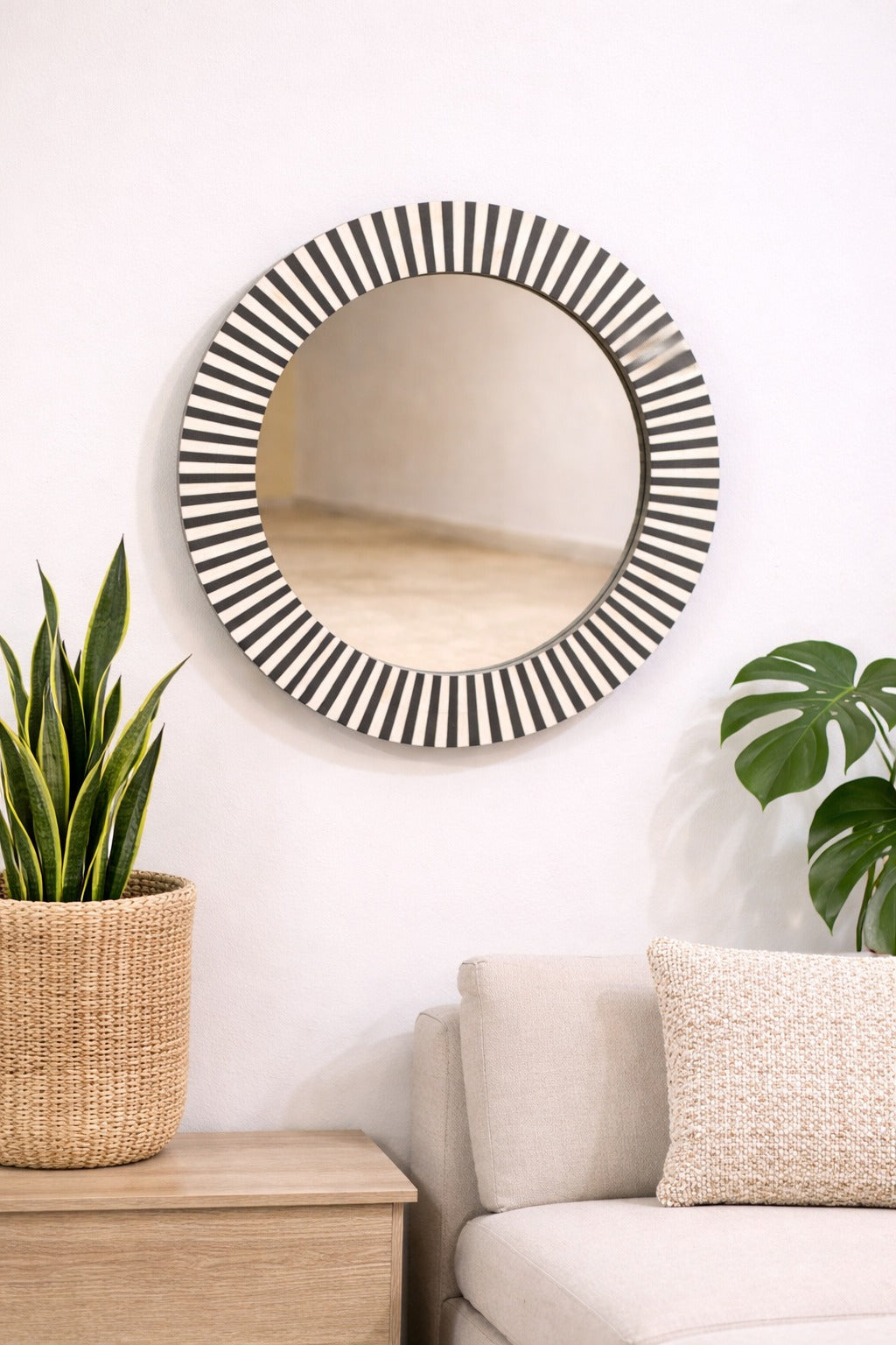 Bone Inlay Stripe Pattern Mirror Frame Black and White 90x90 cm
