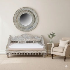 Mughal Garden Hand Carved Balinese Daybed Whitewash 160X95X90 cm