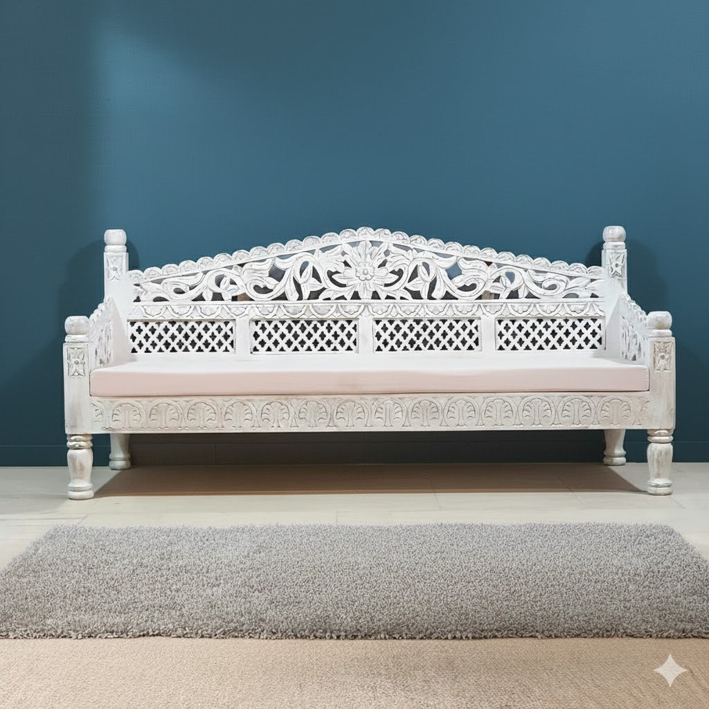 Mughal Garden Hand Carved Balinese Daybed Whitewash 180X80X85 cm