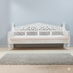 Mughal Garden Hand Carved Balinese Daybed Whitewash 155X70X85 cm