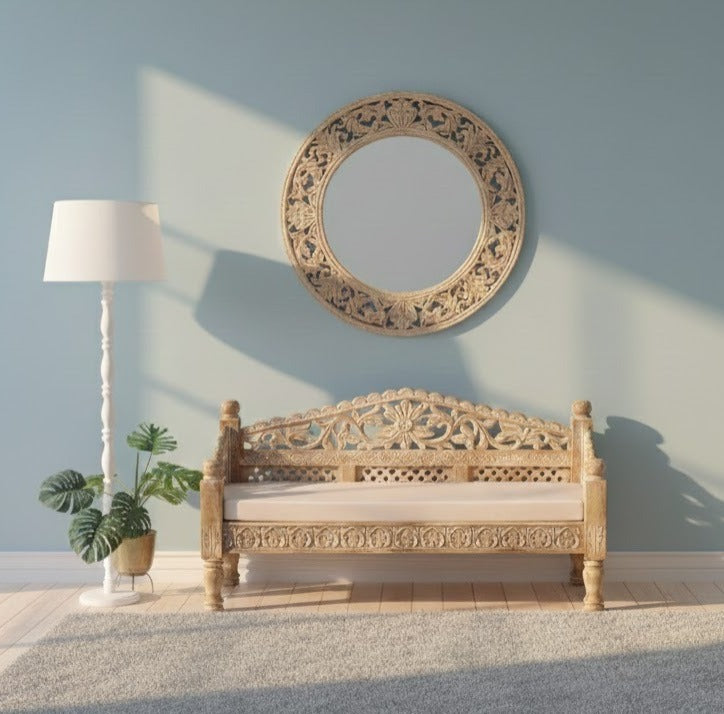 Mughal Garden Hand Carved Balinese Daybed Limewash 150x60x80 cm