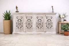 Hand Carved Solid Wood Sideboard White 160X40X80 cm