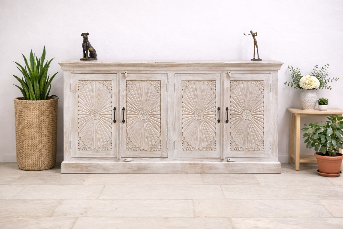 Hand Carved Solid Wood Sideboard White 180X40X90 cm