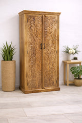 Indian Hand Carved Solid Wood Wardrobe Cabinet 90x40x190 cm
