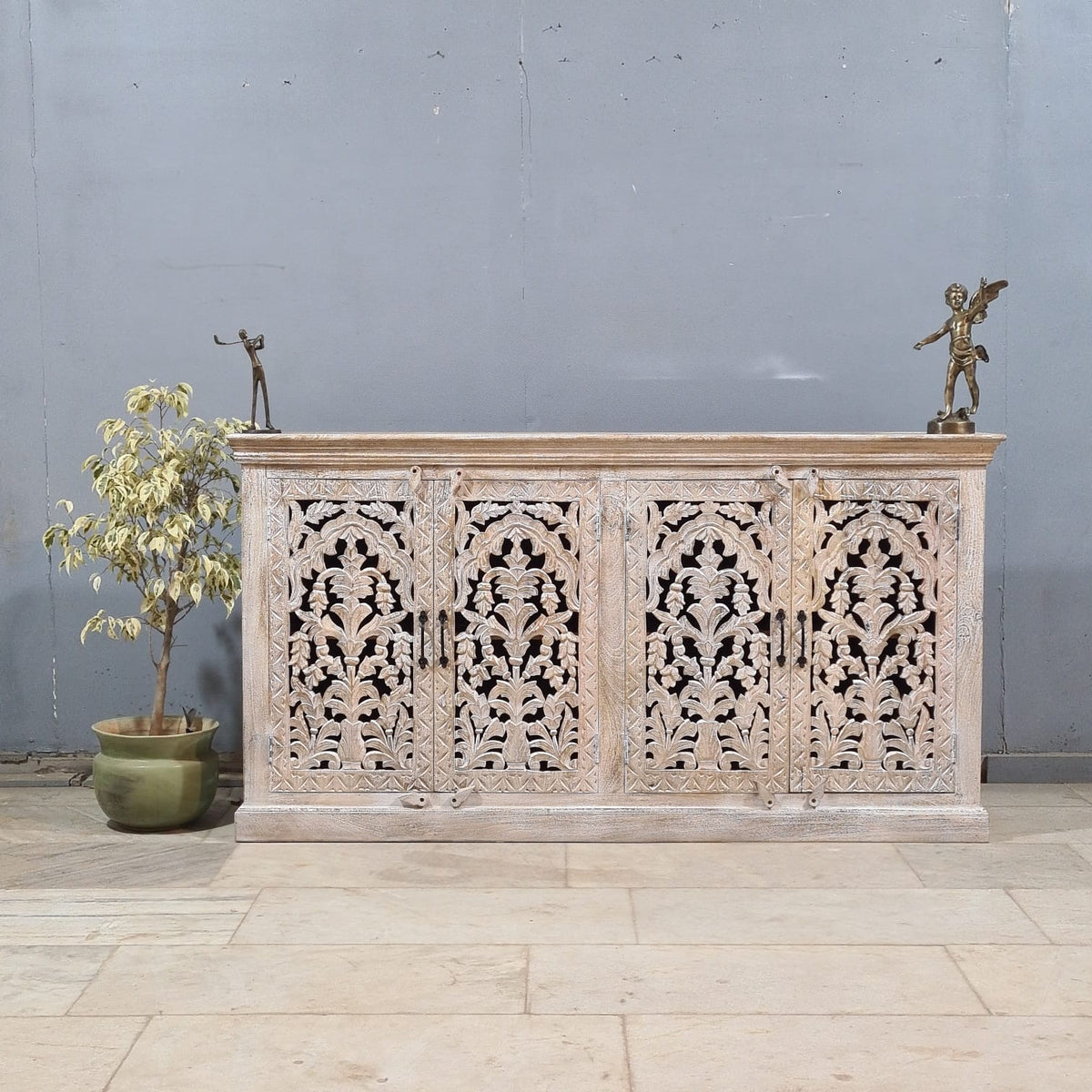 Hand Carved Solid Wood Sideboard White 170X40X90 cm