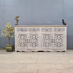 Hand Carved Solid Wood Sideboard White 180X40X90 cm