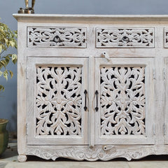 Hand Carved Solid Wood Sideboard White 180X40X90 cm
