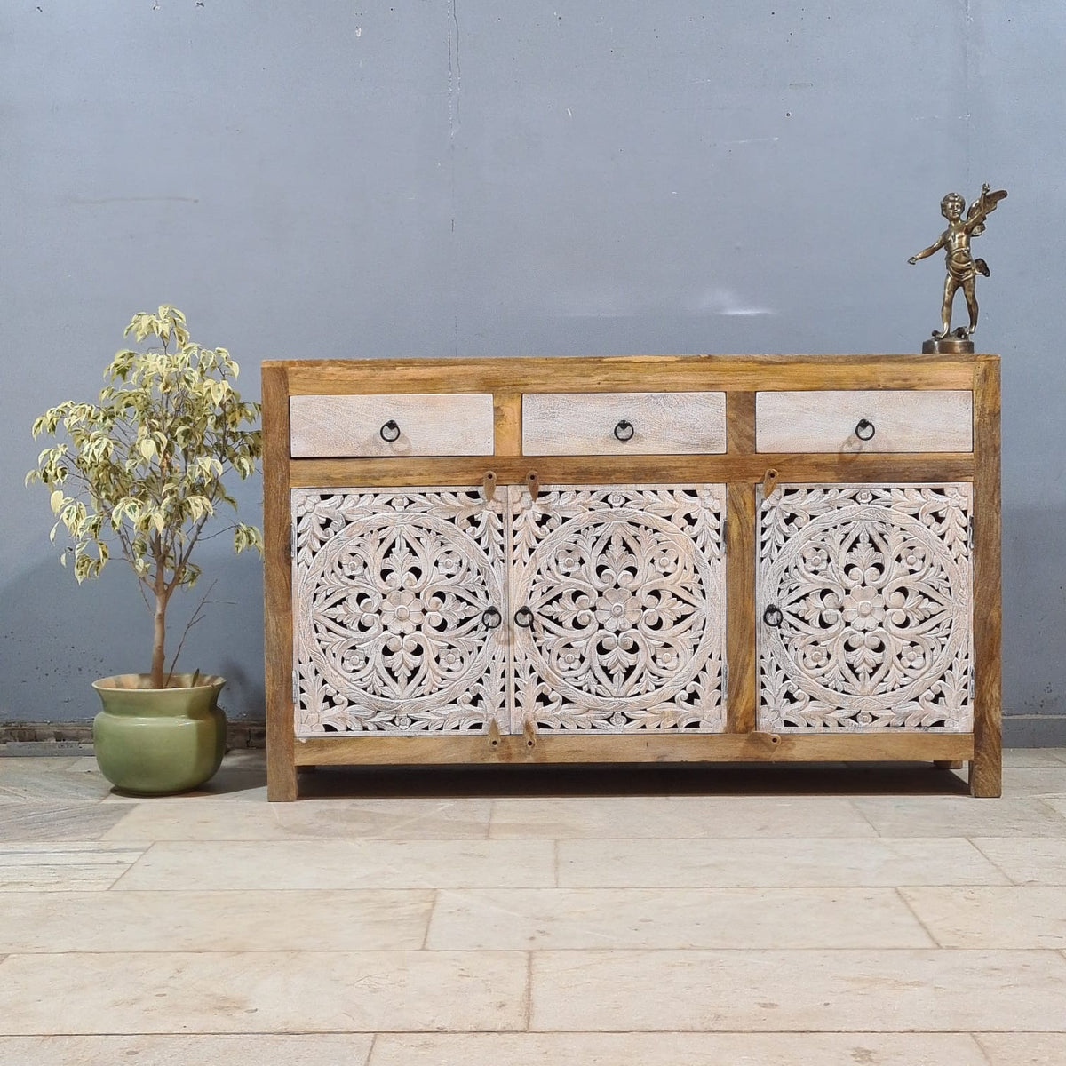 Hand Carved Solid Wood Sideboard White 150X40X90 cm