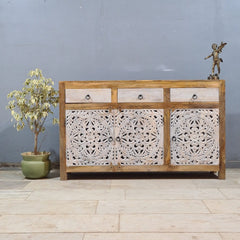 Hand Carved Solid Wood Sideboard White 150X40X90 cm
