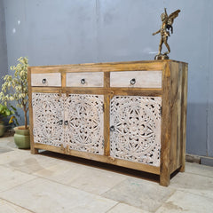 Hand Carved Solid Wood Sideboard White 150X40X90 cm