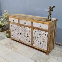 Hand Carved Solid Wood Sideboard White 150X40X90 cm