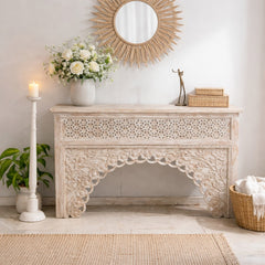 Mehrab Indian Hand Carved Jali Hall Console Table White 150x40x90 cm 03