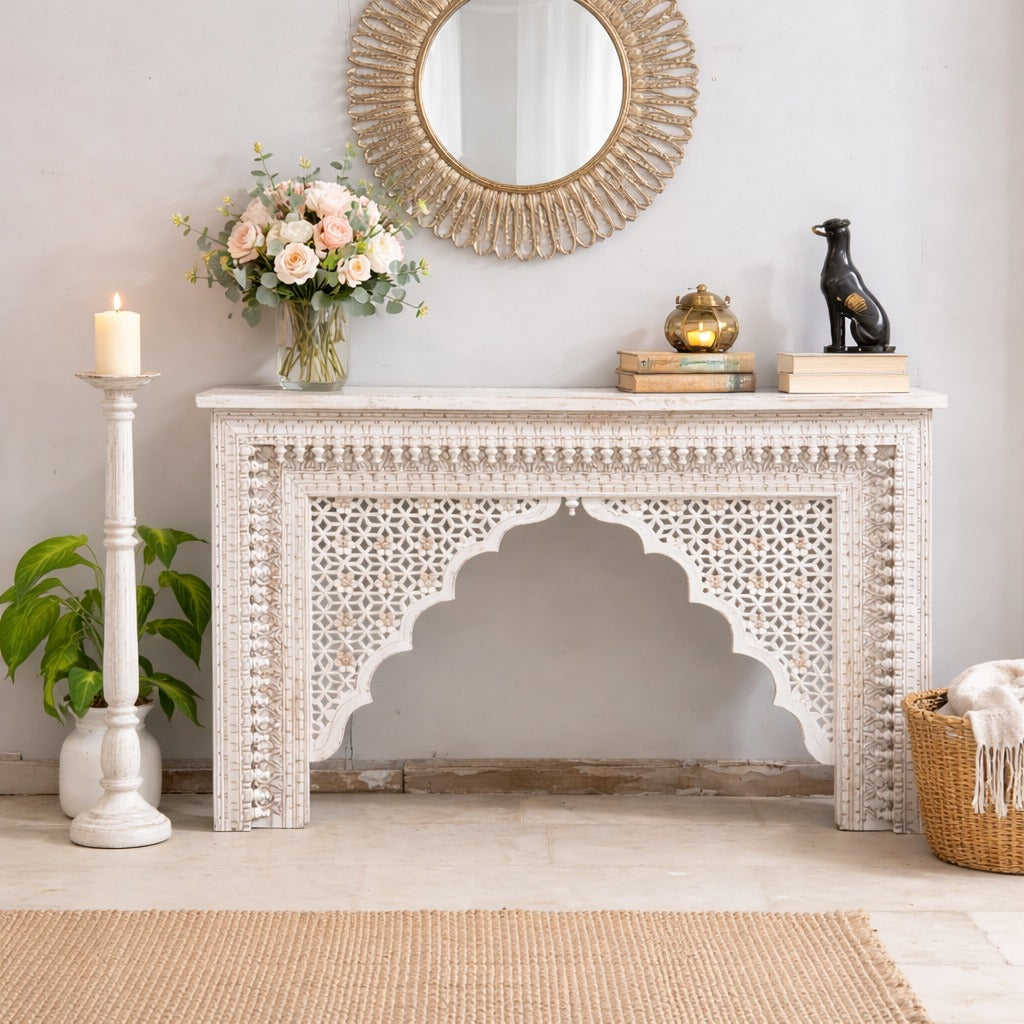 Mehrab Indian Hand Carved Jali Hall Console Table White 150x40x90 cm