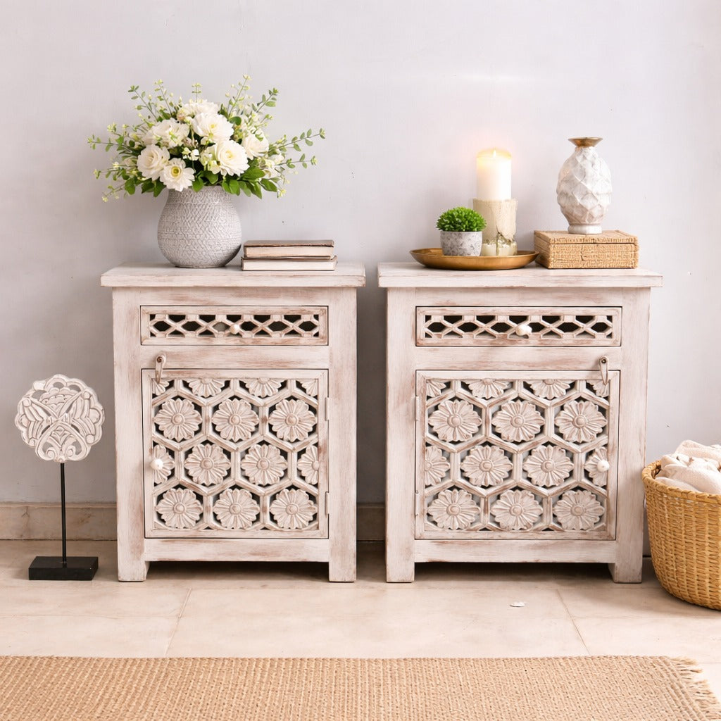 Indian Hand Carved Solid Wood Bedside Table (Set of 2) 50x40x60 cm 02