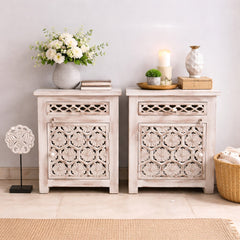 Indian Hand Carved Solid Wood Bedside Table (Set of 2) 50x40x60 cm 02