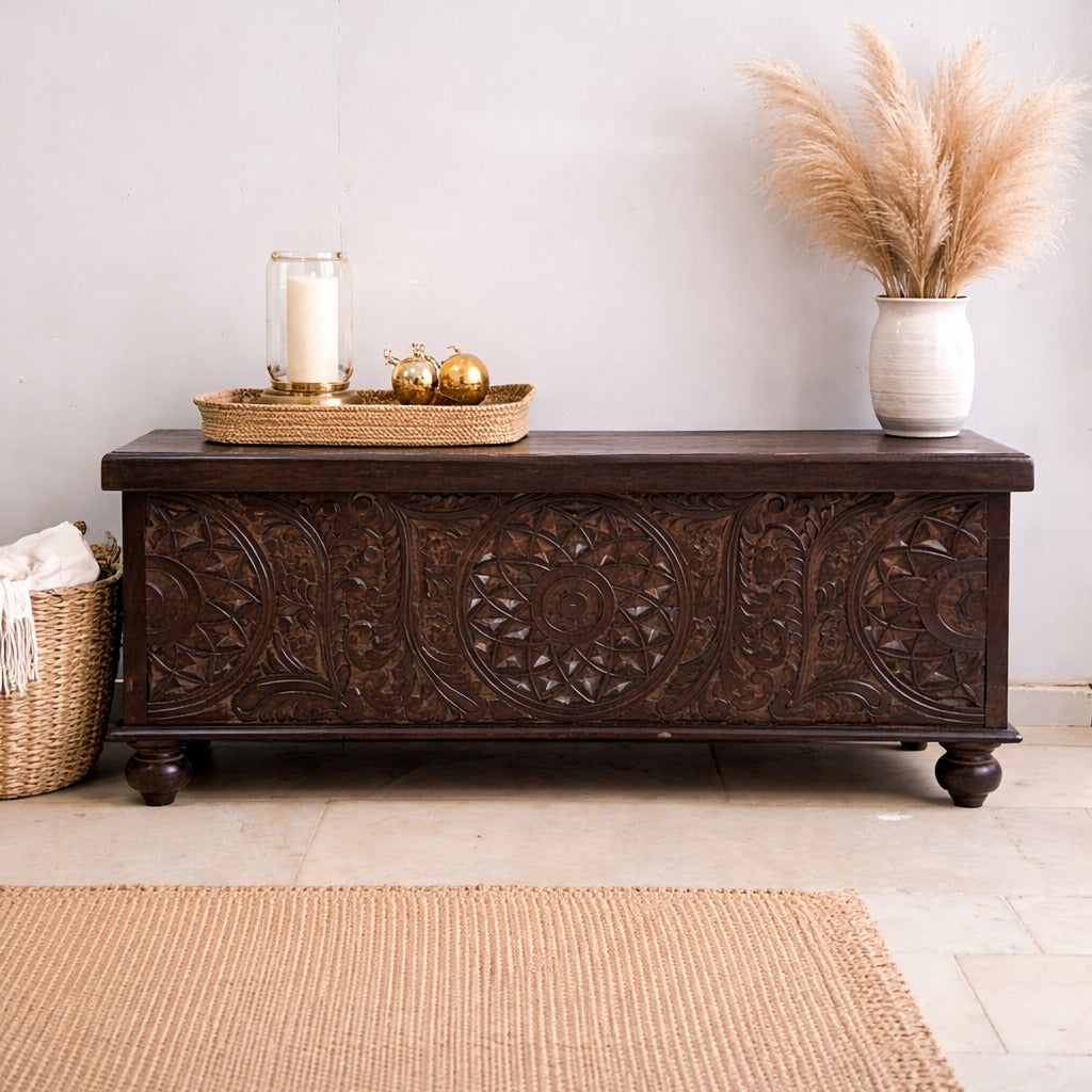 Indian Furniture Brass Work Solid Hard Wood Carved Blanket Box 107x40x45 cm B4