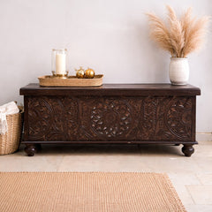 Indian Furniture Brass Work Solid Hard Wood Carved Blanket Box 107x40x45 cm B4