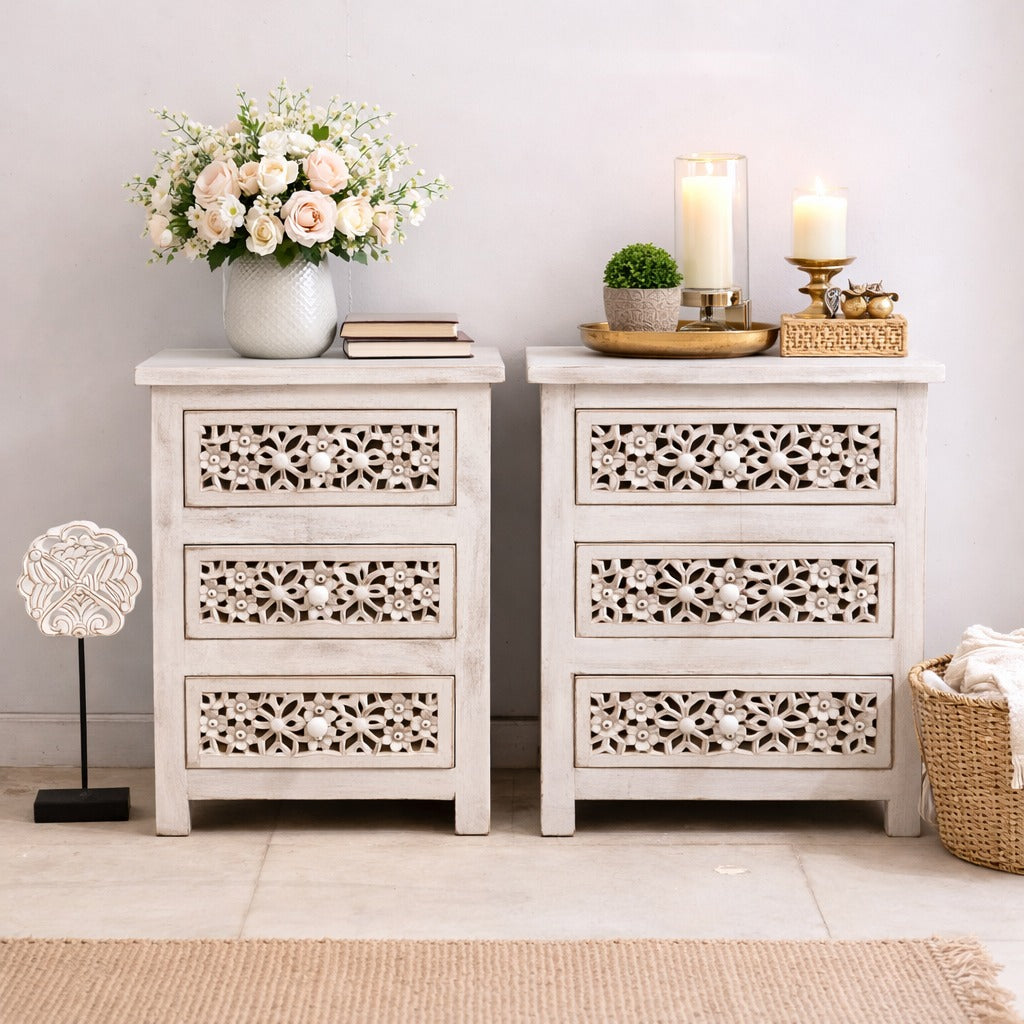 Indian Hand Carved Solid Wood 3 Drawer Bedside Table (Set of 2) 50x40x60 cm 01
