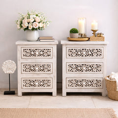 Indian Hand Carved Solid Wood 3 Drawer Bedside Table (Set of 2) 50x40x60 cm 01