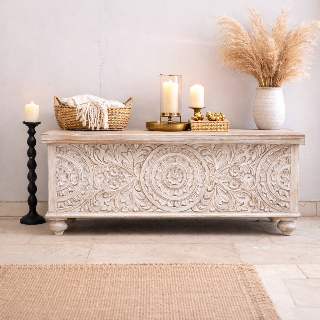 Handmade Indian Furniture Solid Hard Wood Carved Blanket Box 107x40x45 Cm B3