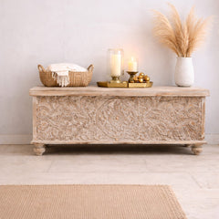 Handmade Indian Furniture Solid Hard Wood Carved Blanket Box 107x40x45 Cm B2