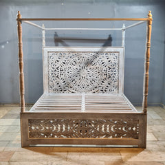 Indian Handmade Carved Solid Hard Wood King Sized Bed Frame With 4 Posters