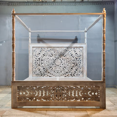Indian Handmade Carved Solid Hard Wood King Sized Bed Frame With 4 Posters