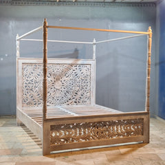 Indian Handmade Carved Solid Hard Wood King Sized Bed Frame With 4 Posters