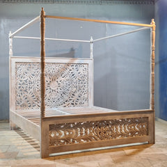 Indian Handmade Carved Solid Hard Wood King Sized Bed Frame With 4 Posters