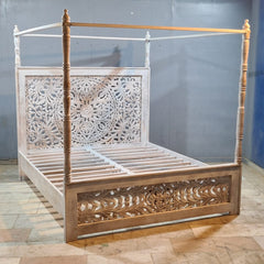 Indian Handmade Carved Solid Hard Wood King Sized Bed Frame With 4 Posters