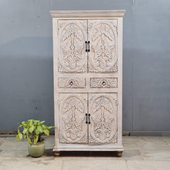 Indian Hand Carved Cabinet Wardrobe White 90X40X180 cm