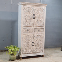 Indian Hand Carved Cabinet Wardrobe White 90X40X180 cm