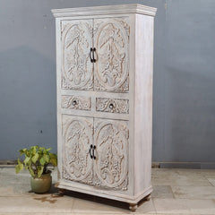 Indian Hand Carved Cabinet Wardrobe White 90X40X180 cm