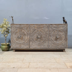 Hand Carved Solid Wood 3 Door Sideboard Grey 170x40x85 cm