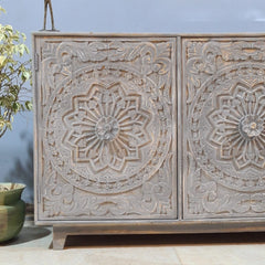 Hand Carved Solid Wood 3 Door Sideboard Grey 170x40x85 cm