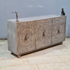 Hand Carved Solid Wood 3 Door Sideboard Grey 170x40x85 cm