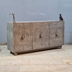 Hand Carved Solid Wood 3 Door Sideboard Grey 170x40x85 cm