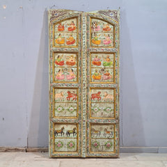 Indian Hand Painted Solid Wooden Door Panel Multicolour